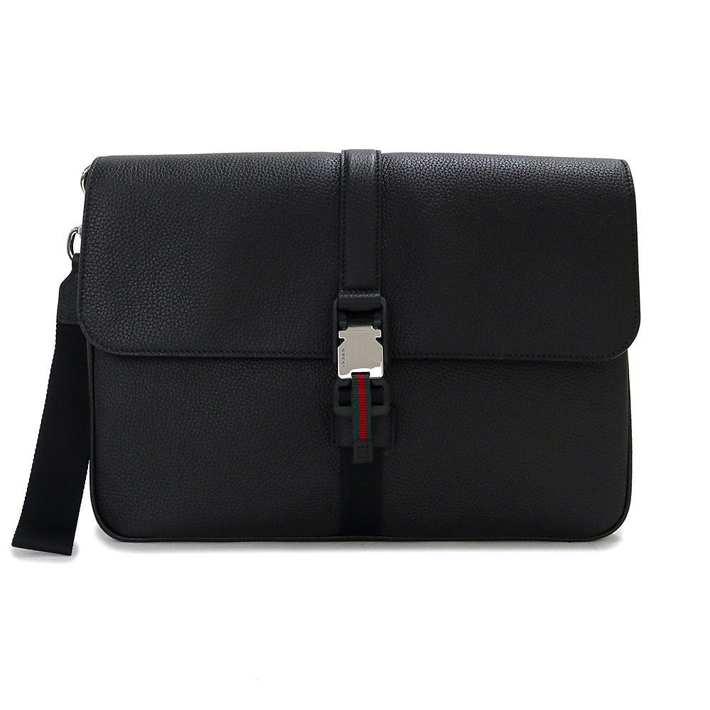 Gucci Web Stripe Business Clutch Bag Soft Grain Leather Black